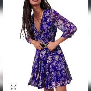 ba&sh Royal Blue and Cream Floral Long Sleeve Dress